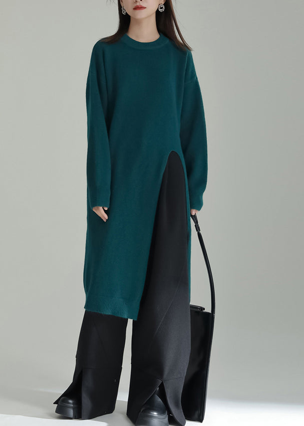 Green Patchwork Knit Dresses O Neck Side Open Winter