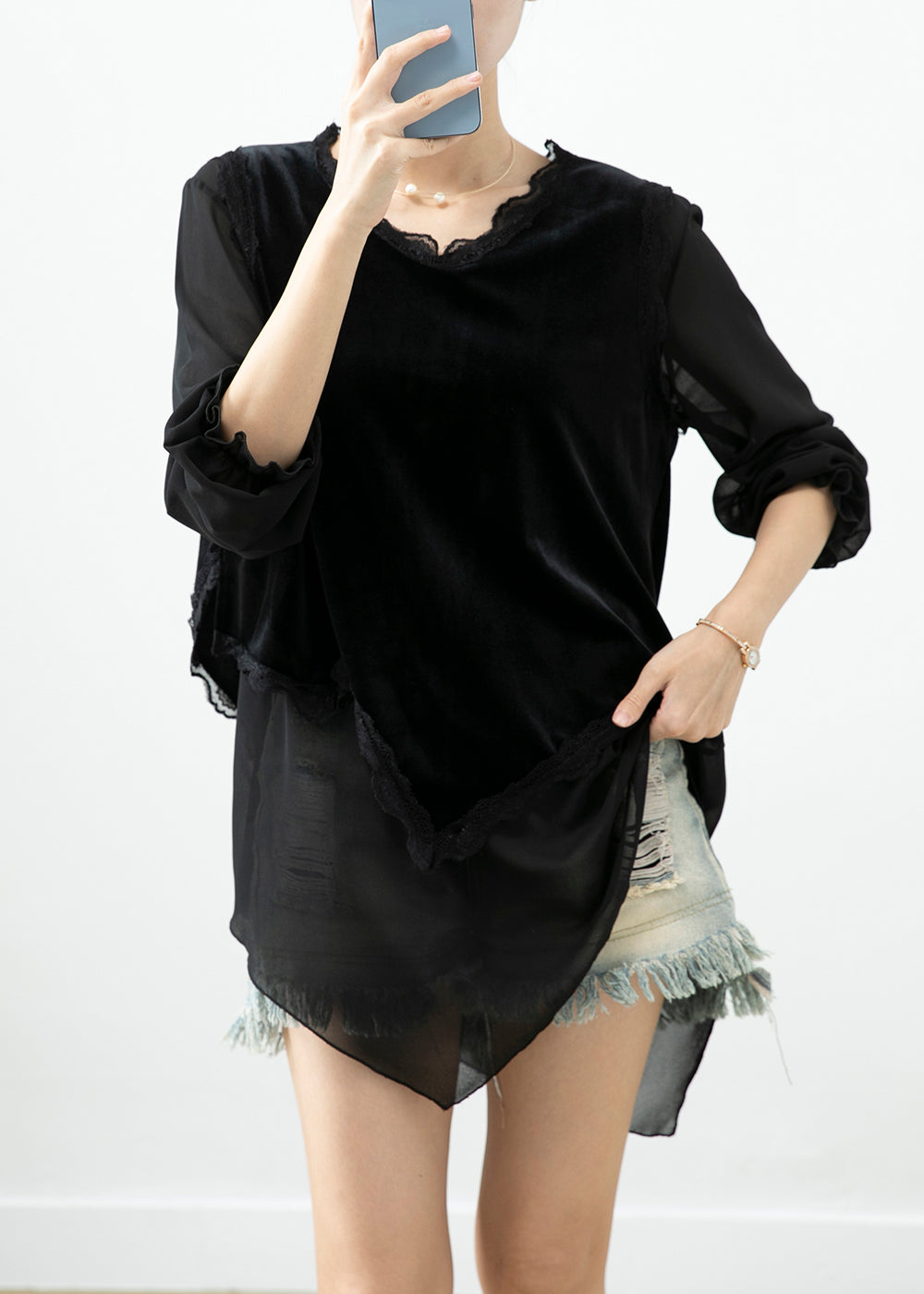 Black Asymmetrical Patchwork Silk Velour Blouse Tops Fall