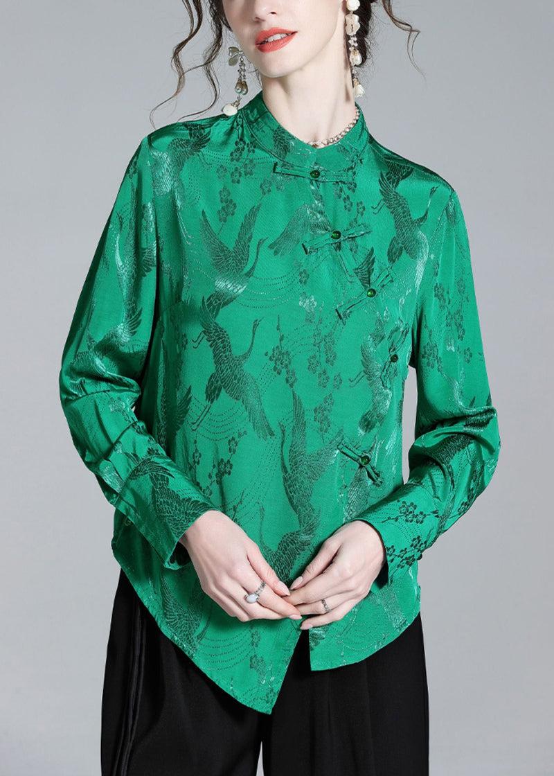Green Stand Collar Button Jacquard Silk Shirt Spring