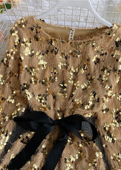 Vogue Yellow O-neck Tassel Sequins Bow Fuzzy Fur Fluffy Mid Dresses Spring