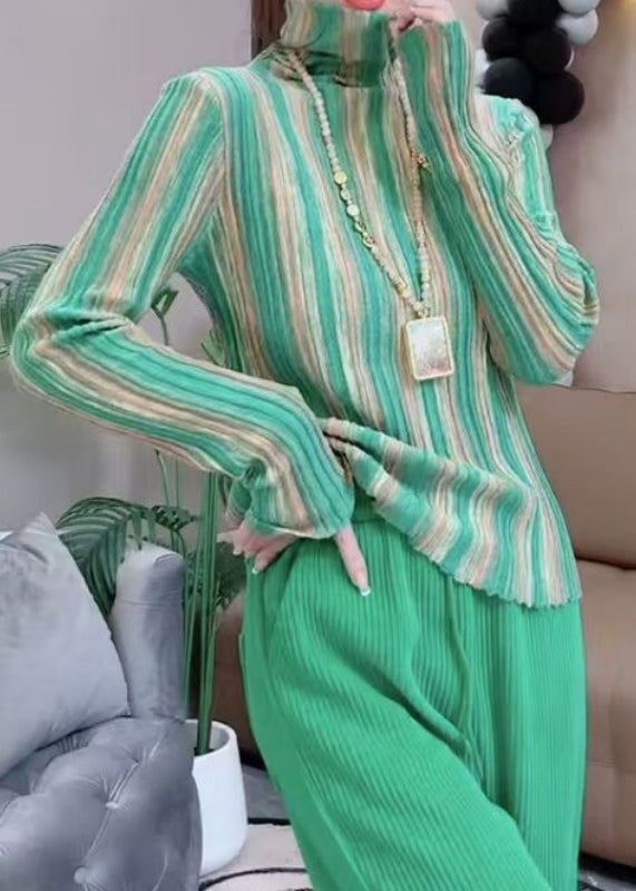 Green Hign Neck Striped Knit Blouse Tops Spring