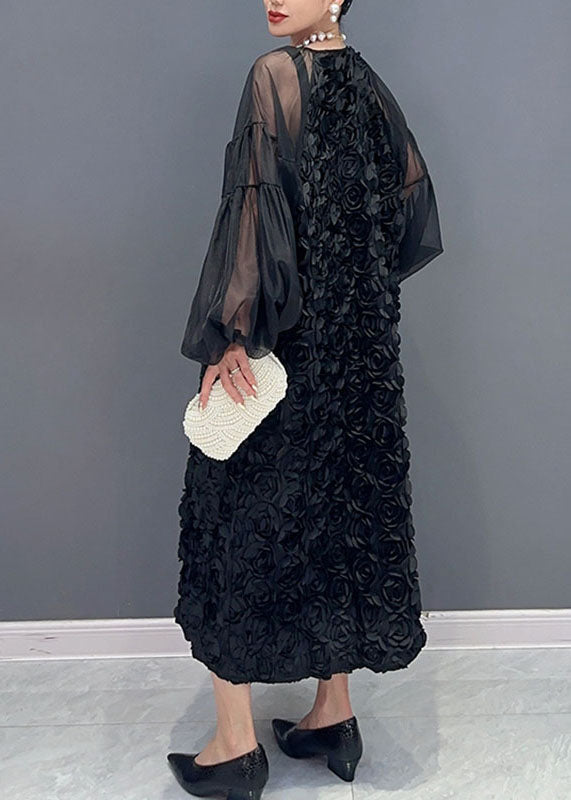 Pink O-neck Tulle Patchworkfloral Maxi Dress Long Sleeveless