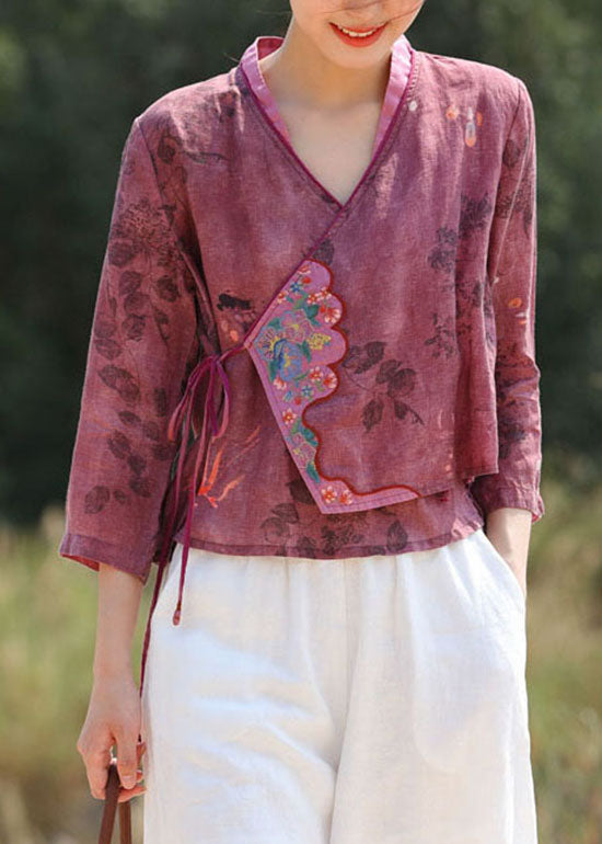 Purple Red Embroideried Tie Waist V Neck Patchwork Linen Tops Spring