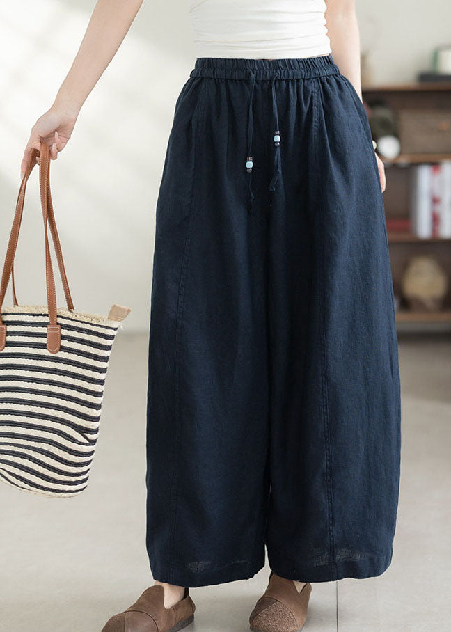 Simple Navy Oversized Elastic Waist Linen Pants Summer