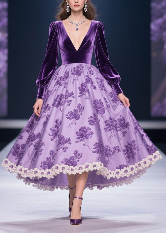 Purple Silk Velvet Patchwork Print Lace Long Dress V Neck Spring