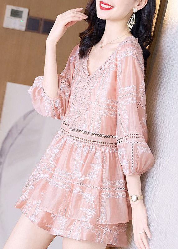 Pink V Neck Lace Patchwork Chiffon Shirts and Shorts Two Piece Set Summer