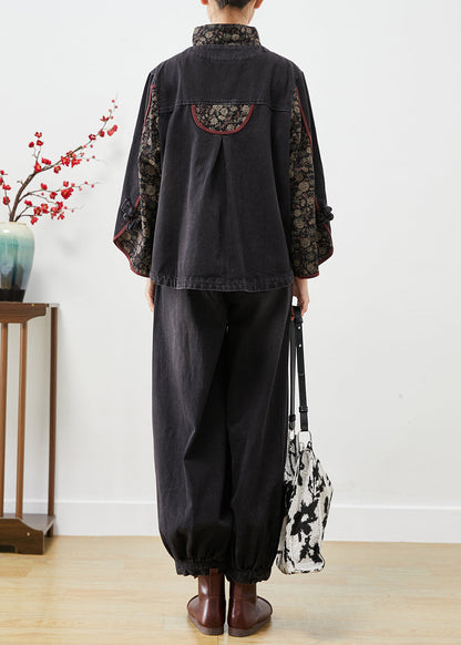 Black Stand Collar Patchwork Print Denim 2 Piece Outfit Fall