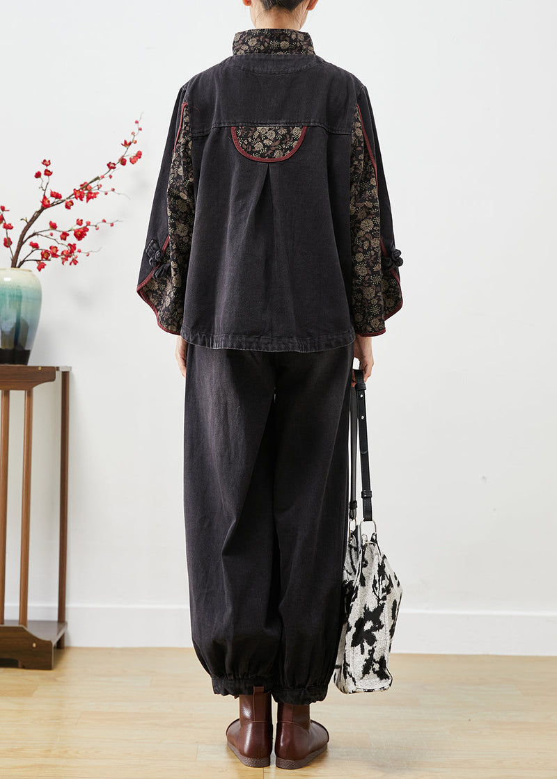 Black Stand Collar Patchwork Print Denim 2 Piece Outfit Fall