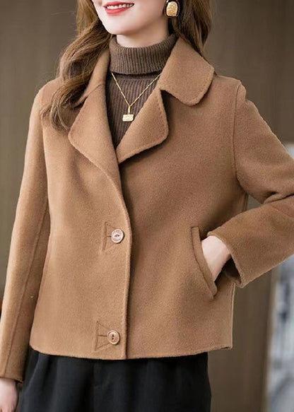 Camel Peter Pan Collar Woolen Coat Long Sleeve Winter