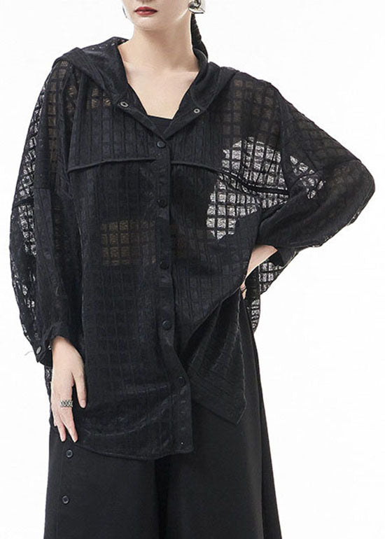 Loose Black Hollow Out Hooded Tulle Blouse Tops Batwing Sleeve
