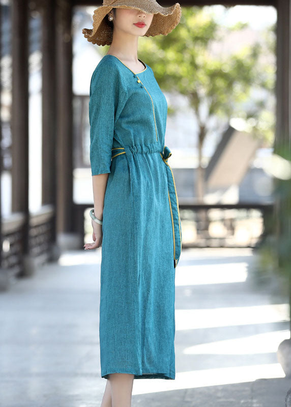 Blue Asymmetrical Patchwork Tie Waist Long Dress Half Sleeve