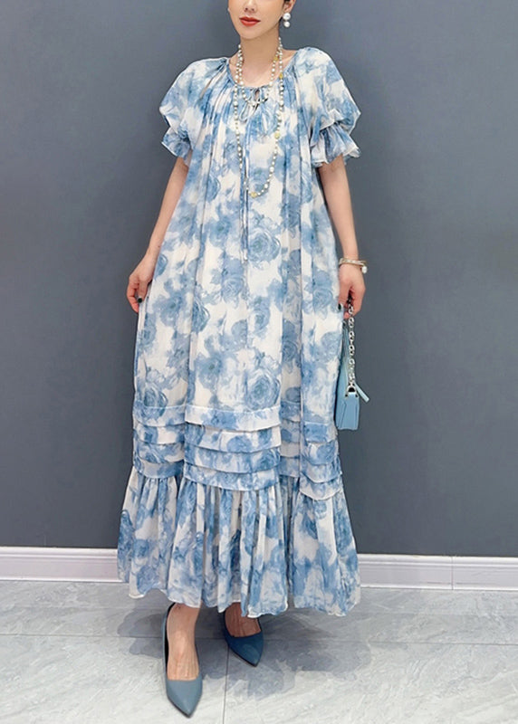 Blue O-neck Ruffled Patchwork Print Chiffon Maxi Dresses Summer
