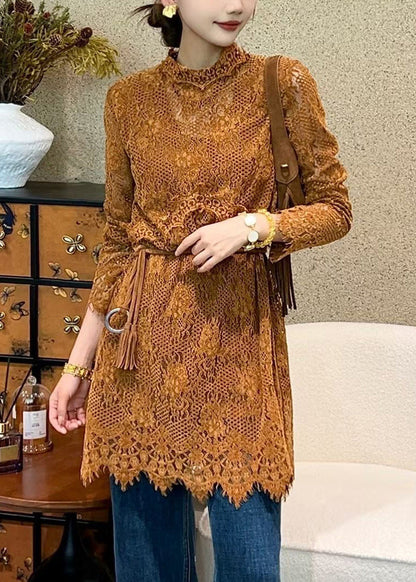 Orange Tie Waist Lace Mini Dresses Hollow Out