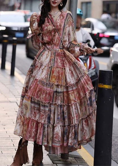 Red Ruffled Print Tunic Maxi Dresses Lantern Sleeve
