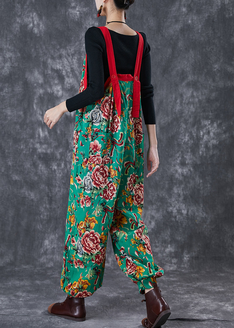 Green Oversized Print Cotton Overalls Jumpsuit Fall