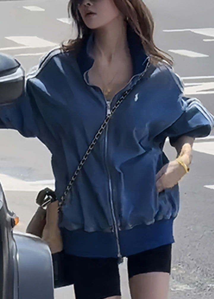 Blue Zip Up Striped Pockets Denim Coats Fall