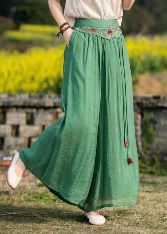 Green Embroideried Pockets Tasseled Patchwork Silk Wide Leg Pants Summer