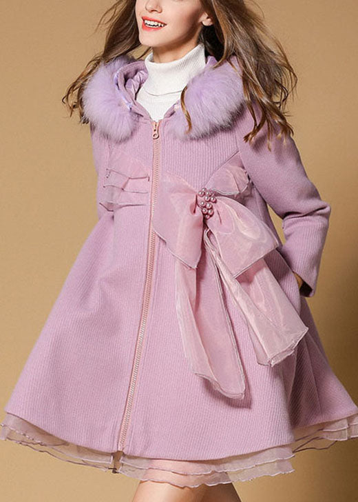 Unique Pink Pockets Slim Fit Fur Collar Fall Woolen Coat