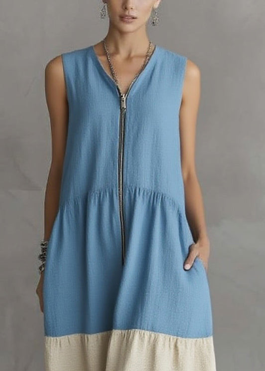 Blue Vacation Maxi Dresses Zippered Patchwork Summer