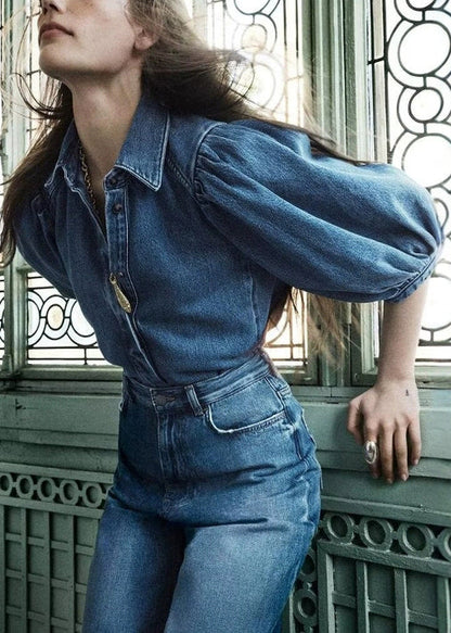 Denim Blue Button Shirts and Pants Two Pieces Set Half Sleeve