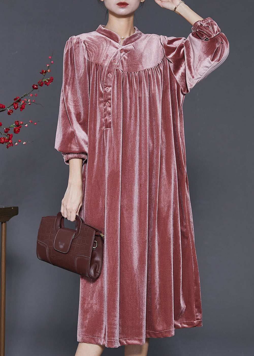Diy Brick Red Stand Collar Oversized Silk Velour Dress Spring