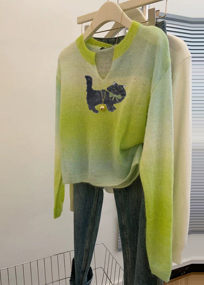 Grass Green V Neck Tie Dye Knit Sweater Spring