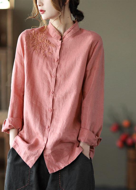 Pink Button Embroideried Fall Linen Tops Long Sleeve