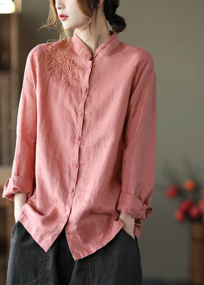 Pink Button Embroideried Fall Linen Tops Long Sleeve
