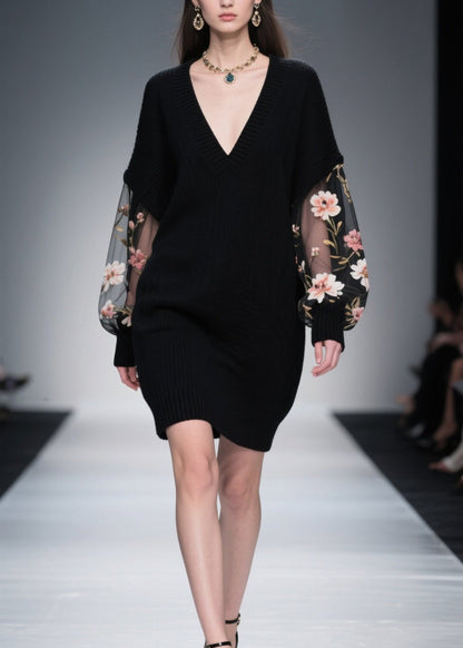 Italian Black Tulle Patchwork Knitwear Dress Fall