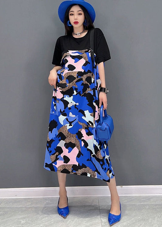 Black Blue Patchwork Pritn Cotton Long Dresses Short Sleeve