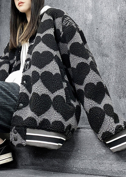 Black Print Pockets Patchwork Faux Fur Cotton Filled Jackets Winter