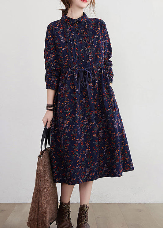 Tibetan Blue Stand Collar Drawstring Print Dress Long Sleeve