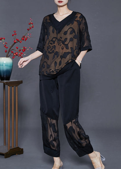 Black Patchwork Silk Two Pieces Set Hollow Out Summer