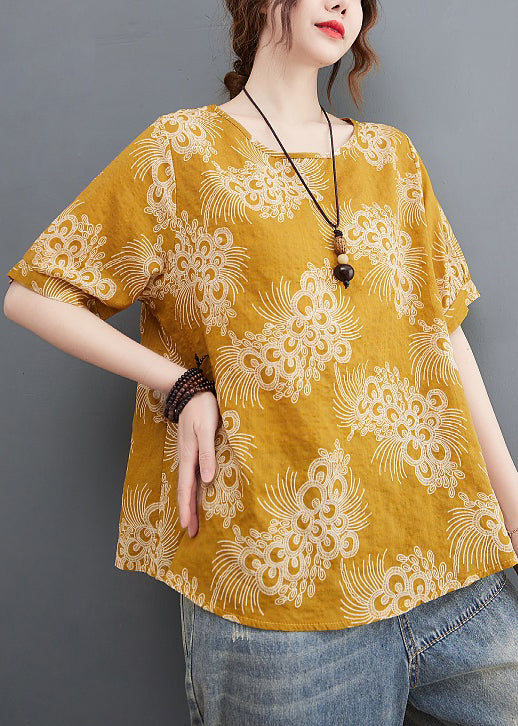 Stylish Yellow O-neck Cotton Top Short Sleeve