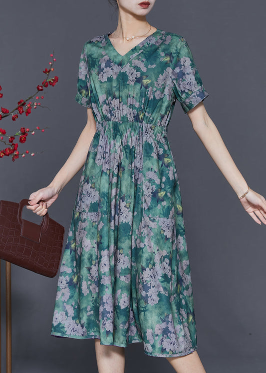 Green Cinched Print Cotton Dress Summer