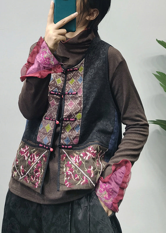 Style Black O-neck Embroideried Patchwork Vest Spring