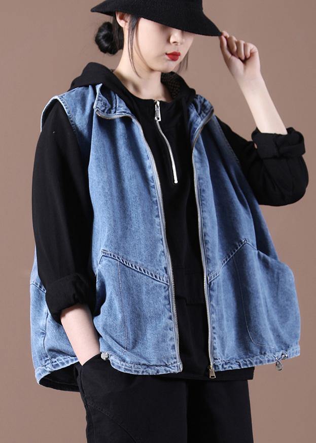 Drawstring Zipper Wash Blue Stand Collar Vest