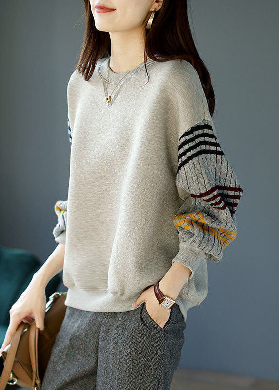 Lazy Grey O-neck Striped Knit Patchwork Cotton Sweatshirt Long Sleeve