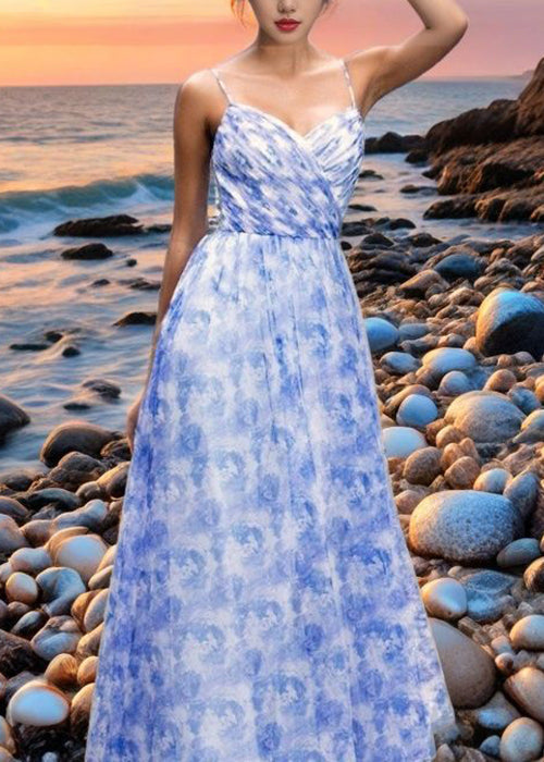 Blue Print Lace Up Chiffon Spaghetti Strap Dress Sleeveless