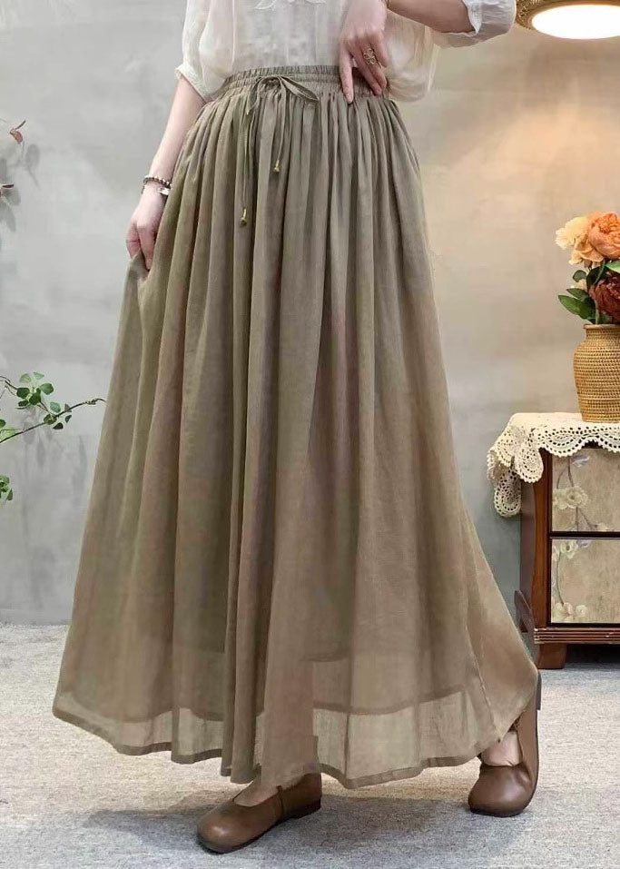 Khaki Wrinkled Elastic Waist Linen Skirts Summer