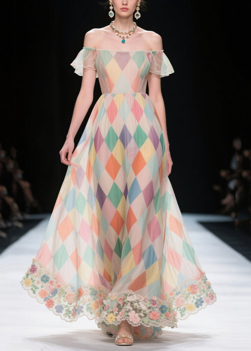 Multicolour Plaid Patchwork Lace Chiffon Strapless Dress Summer