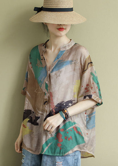 V Neck Print Button Shirt Tops Half Sleeve