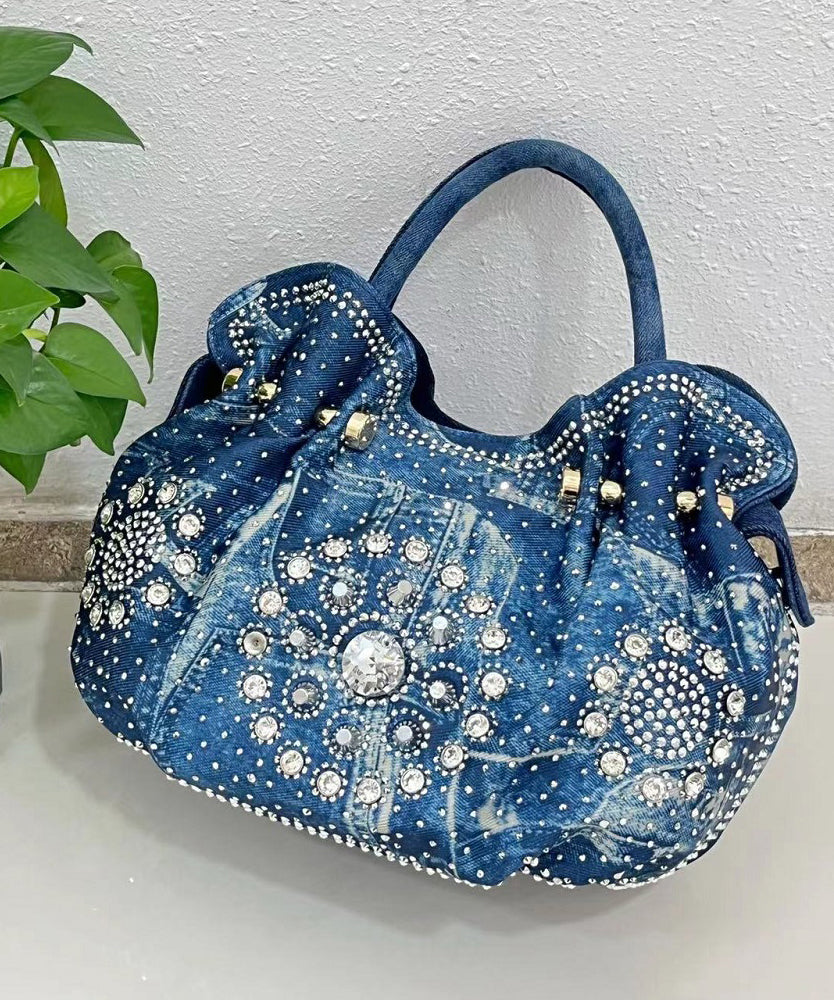 Fine Blue Zircon Durable Denim Tote Handbag