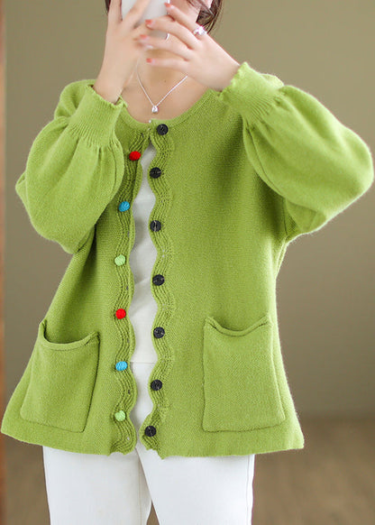Green Button Pockets Knit Coat Long Sleeve