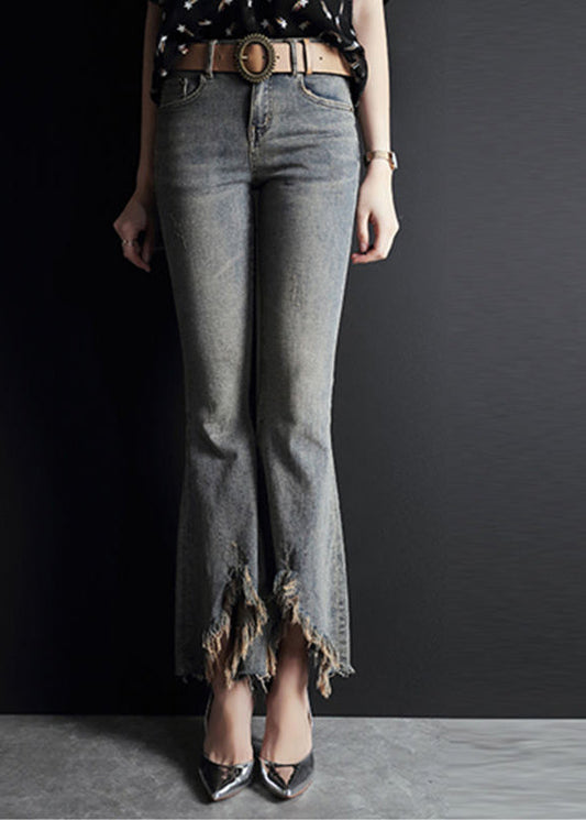 Light Blue Asymmetrical Pockets Cotton Denim Flare Pants Summer