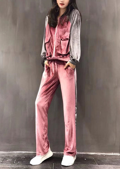 Pink Zippered Silk Velour Coats and Wide Leg Pants Two Pieces Set Long Sleeve