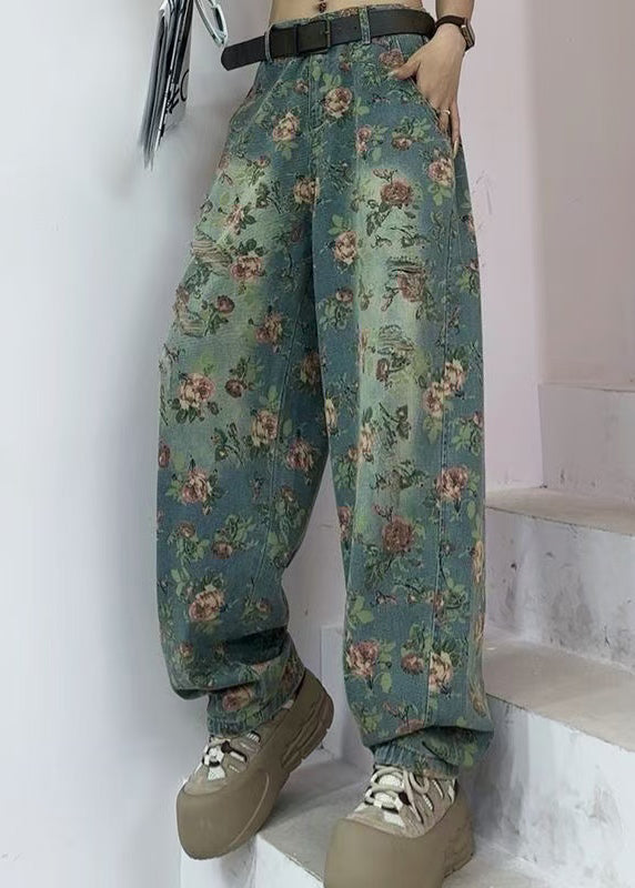Tea Green Oversized Print Denim Pants Fall