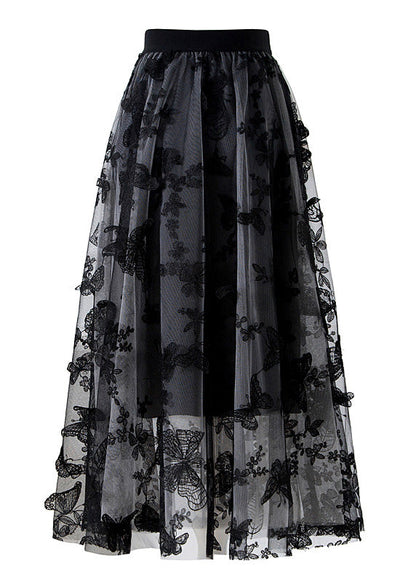 Black Butterfly Elastic Waist Tulle a Line Skirts Spring
