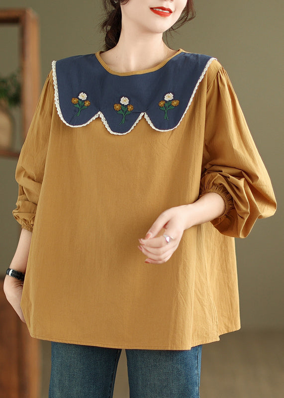 Yellow Lace Cotton T Shirt O Neck Long Sleeve
