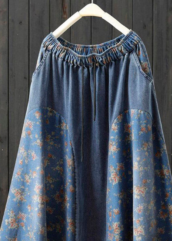 Denim Light Blue Print High Waist a Line Skirt Summer